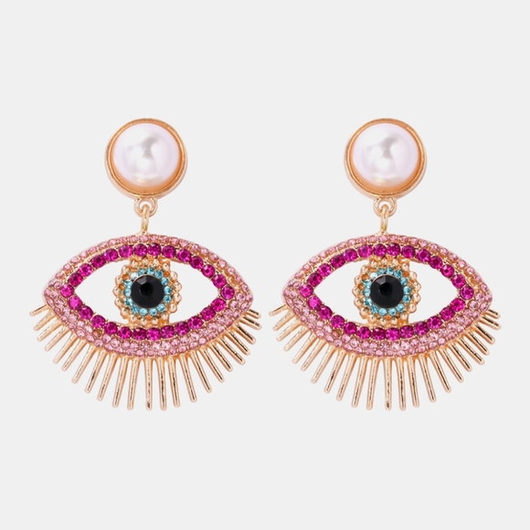 Green Evil Eye Shape Rhinestone Dangle Earrings - Picture 6 of 6